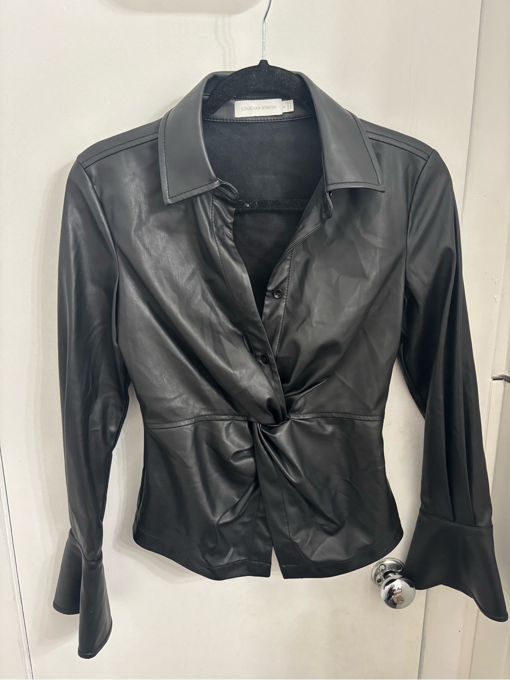 Jonathan Simkhai Black Faux Leather Button-Down Twist Shirt
